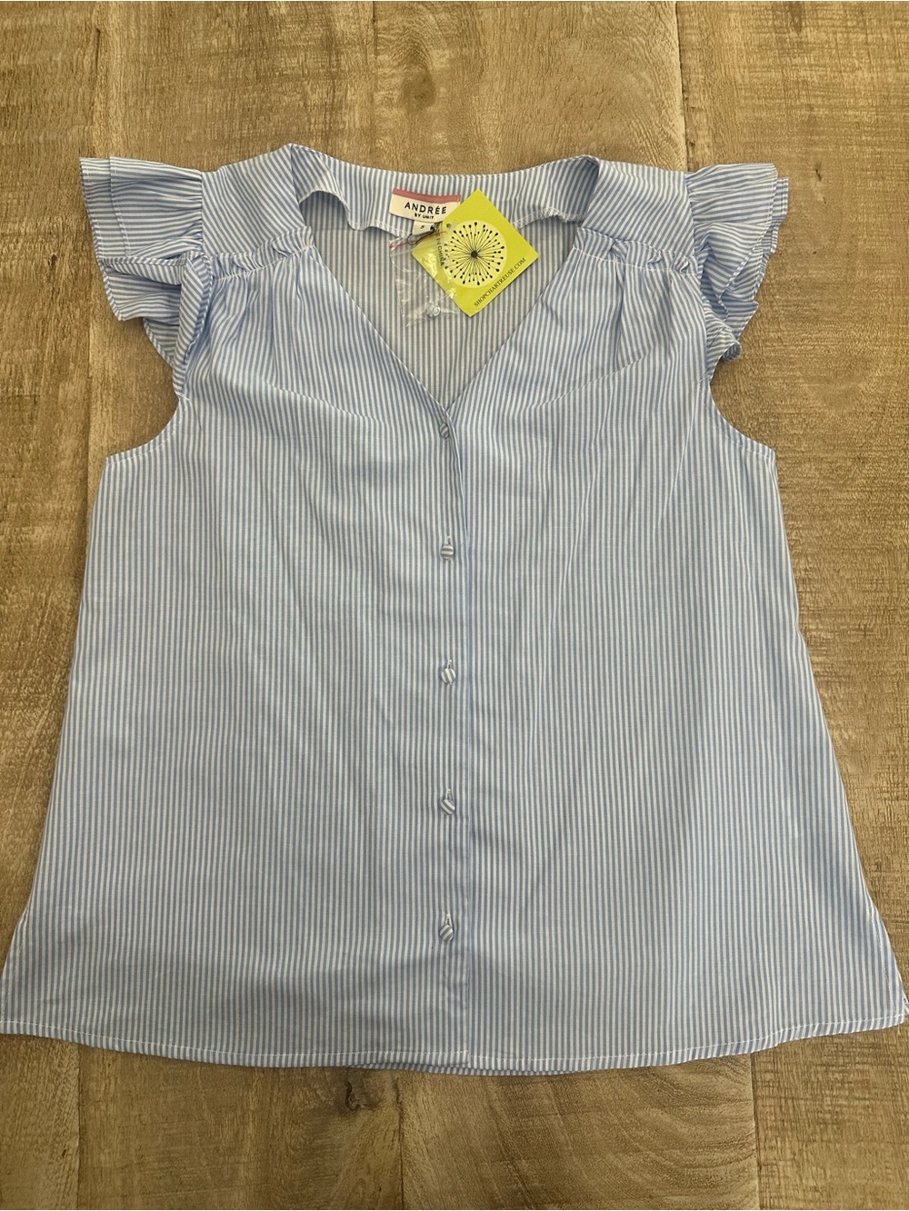 Andrée by Unit Blue White Pinstripe Ruffle Sleeve Button Blouse | Size S